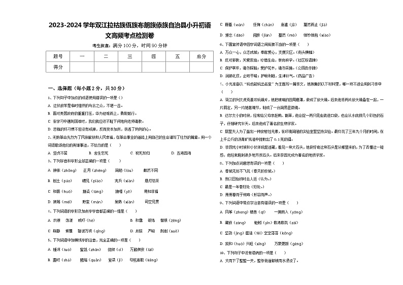 2023-2024学年双江拉祜族佤族布朗族傣族自治县小升初语文高频考点检测卷含答案第1页