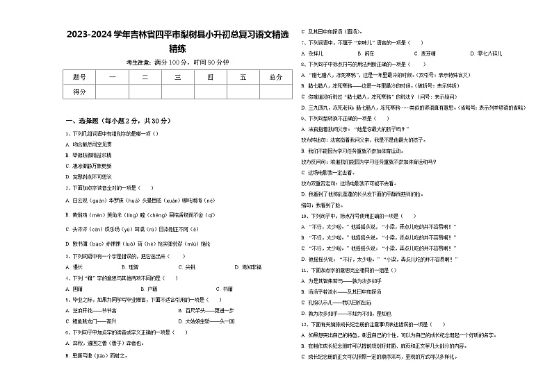 2023-2024学年吉林省四平市梨树县小升初总复习语文精选精练含答案01