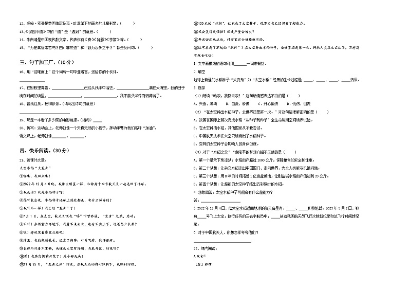2023-2024学年吉林省通化市小升初易错点语文检测卷含答案02