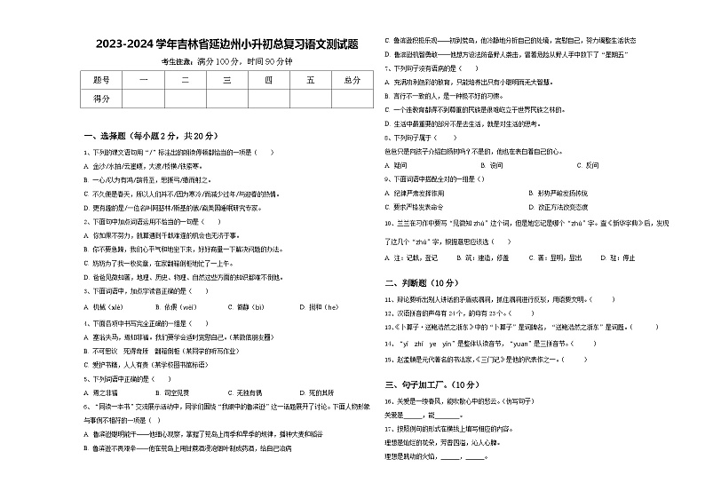 2023-2024学年吉林省延边州小升初总复习语文测试题含答案第1页