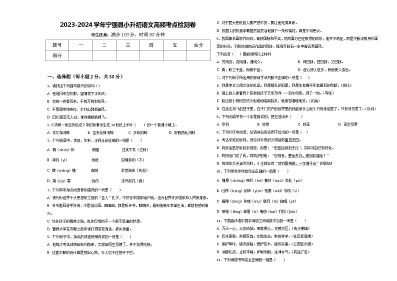 2023-2024学年宁强县小升初语文高频考点检测卷含答案01