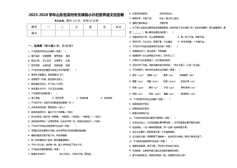 2023-2024学年山东省滨州市无棣县小升初素养语文检测卷含答案01