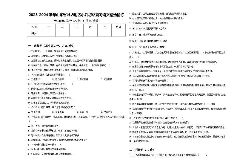 2023-2024学年山东省潍坊地区小升初总复习语文精选精练含答案第1页