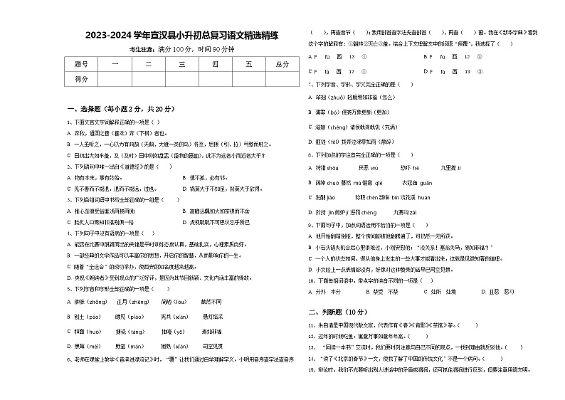 2023-2024学年宣汉县小升初总复习语文精选精练含答案第1页