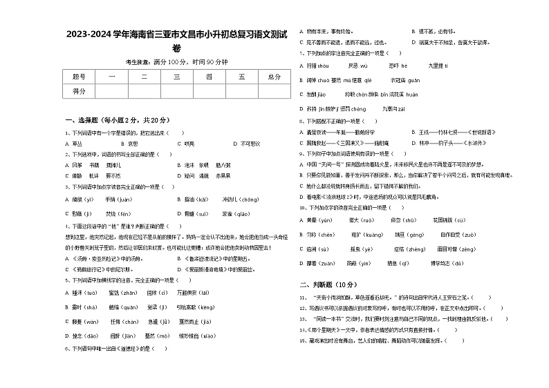 2023-2024学年海南省三亚市文昌市小升初总复习语文测试卷含答案01