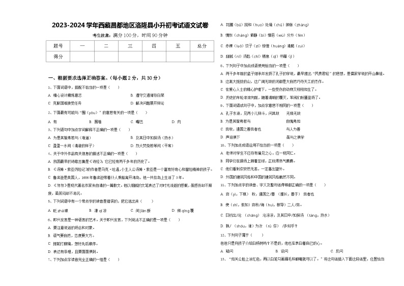 2023-2024学年西藏昌都地区洛隆县小升初考试语文试卷含答案01