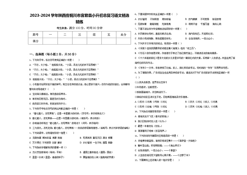 2023-2024学年陕西省铜川市宜君县小升初总复习语文精选精练含答案01