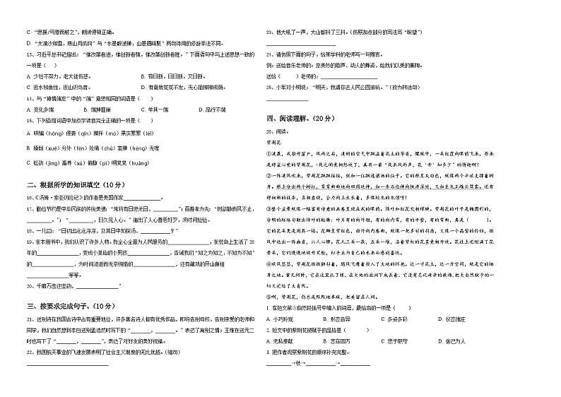 2024届河南省周口市项城市小升初总复习语文测试卷含答案02