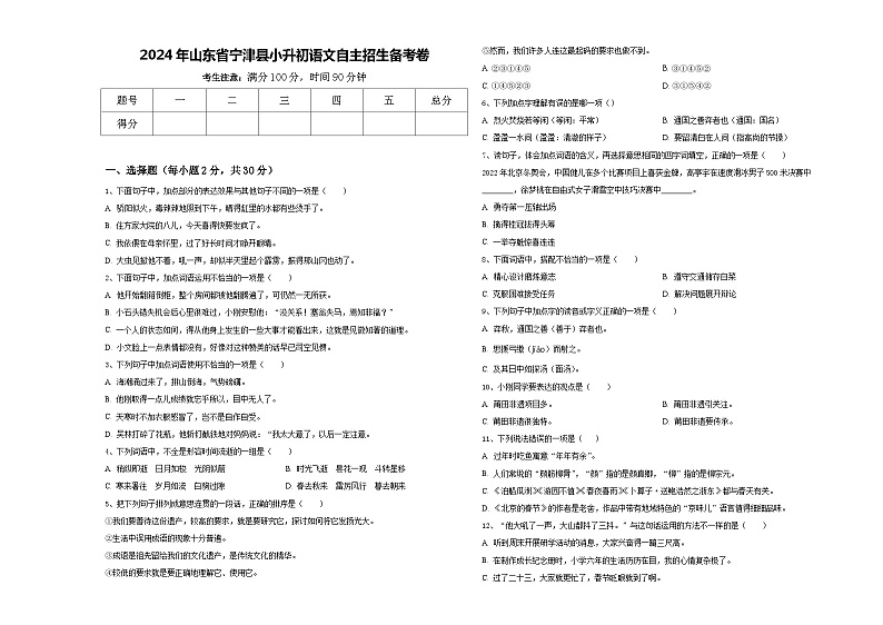 2024年山东省宁津县小升初语文自主招生备考卷含答案01