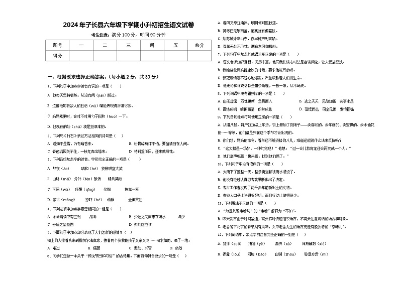 2024年子长县六年级下学期小升初招生语文试卷含答案01