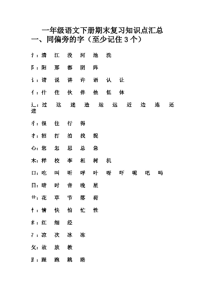 部编版一年级语文下册总复习知识点教案01