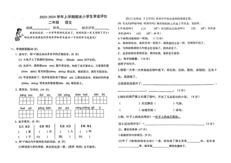 河南省郑州市金水区2023-2024学年二年级上学期期末语文试卷01