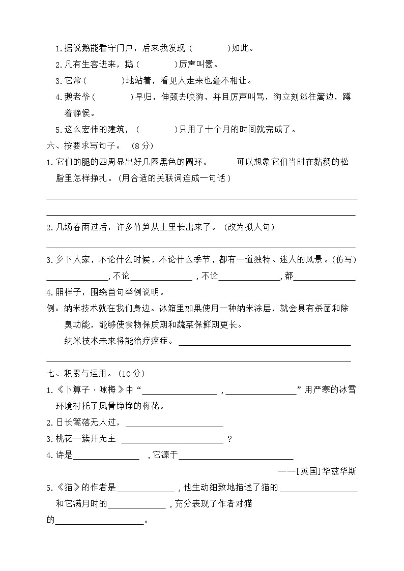 四年级下册语文 期中综合测试卷二（试题+答案）2023-2024学年统编版02