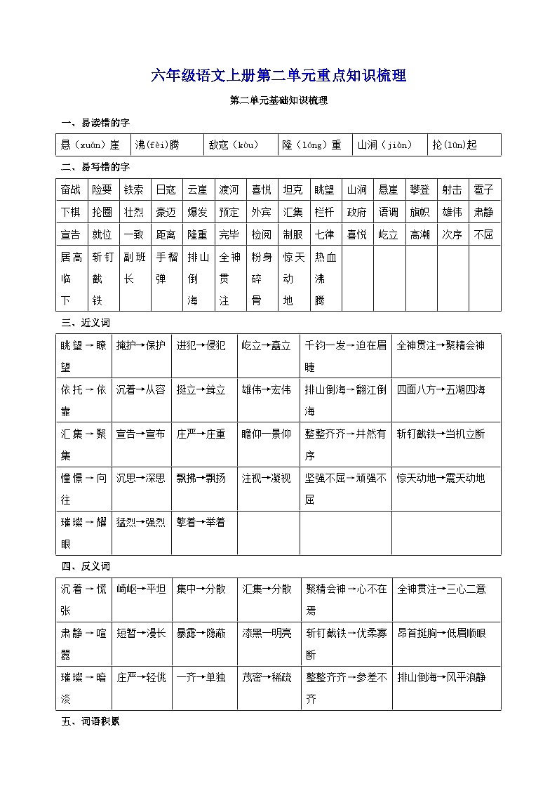 2023-2024学年人教版统部编版六年级语文上册第二单元重点知识梳理第1页