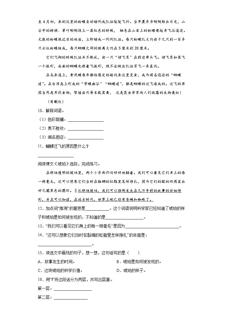 部编版语文四年级下册 5琥珀  同步练习（含解析）第3页