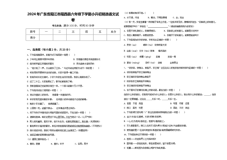 2024年广东省阳江市阳西县六年级下学期小升初精选语文试卷含答案01