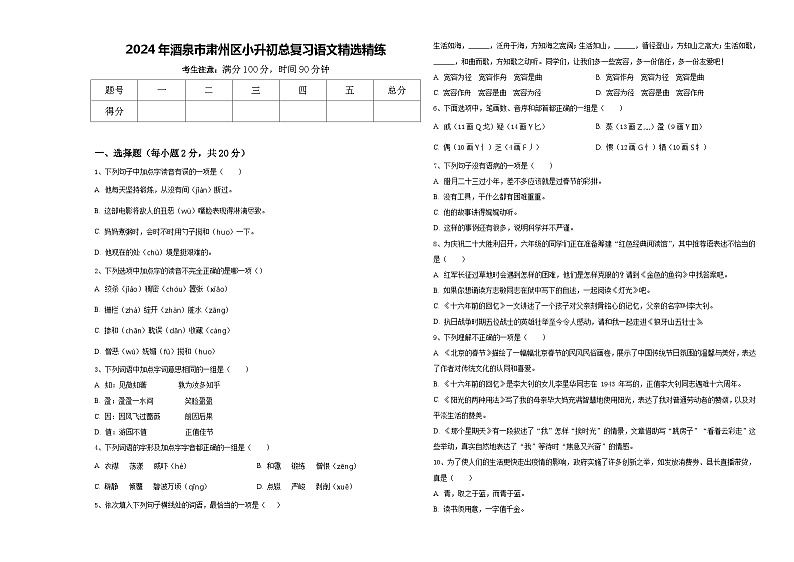 2024年酒泉市肃州区小升初总复习语文精选精练含答案01
