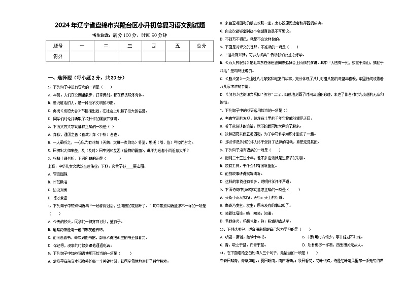 2024年辽宁省盘锦市兴隆台区小升初总复习语文测试题含答案第1页
