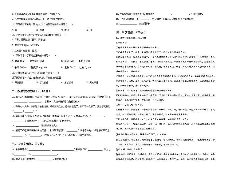 临沂市费县2023-2024学年小升初总复习语文测试题含答案02