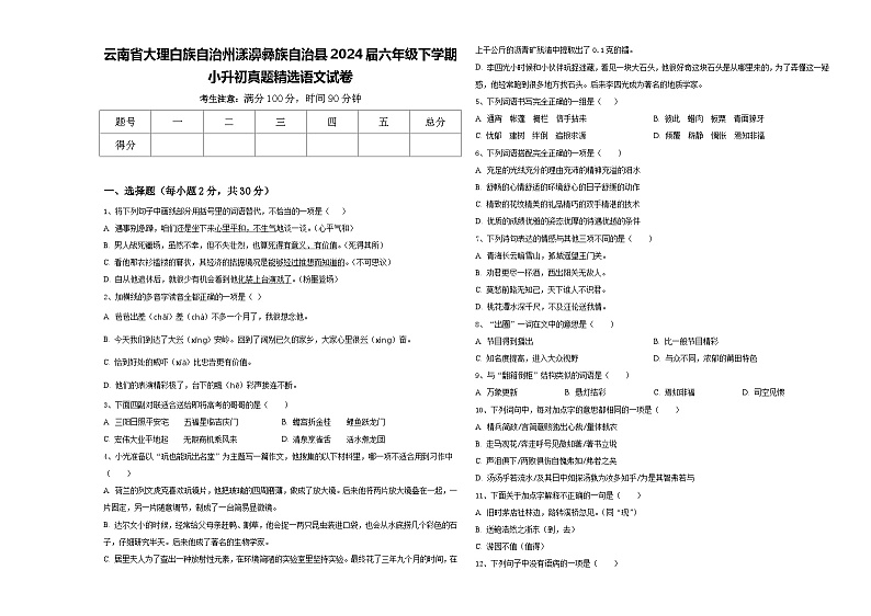 云南省大理白族自治州漾濞彝族自治县2024届六年级下学期小升初真题精选语文试卷含答案第1页