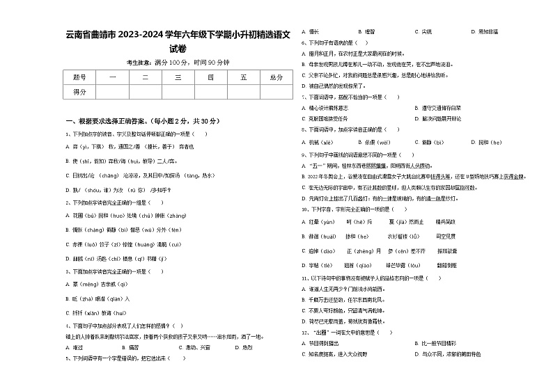 云南省曲靖市2023-2024学年六年级下学期小升初精选语文试卷含答案第1页