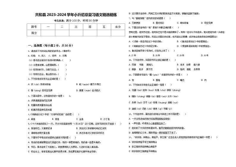共和县2023-2024学年小升初总复习语文精选精练含答案01