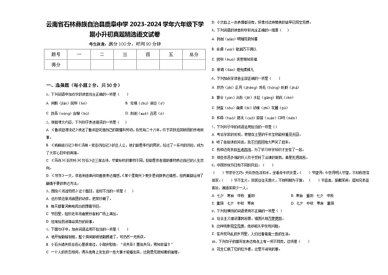 云南省石林彝族自治县鹿阜中学2023-2024学年六年级下学期小升初真题精选语文试卷含答案01