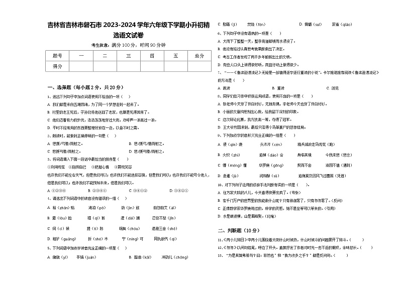 吉林省吉林市磐石市2023-2024学年六年级下学期小升初精选语文试卷含答案第1页
