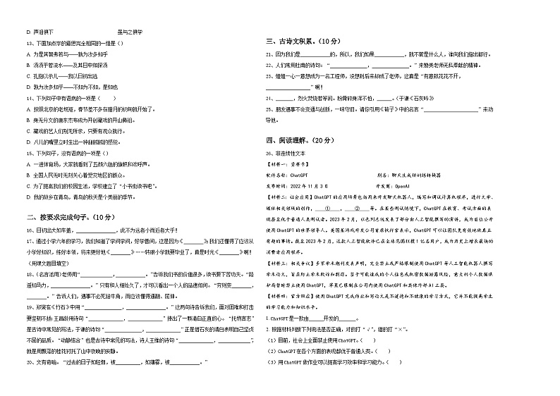吉林省榆树市红星乡头号小学2023-2024学年小升初素养语文检测卷含答案02