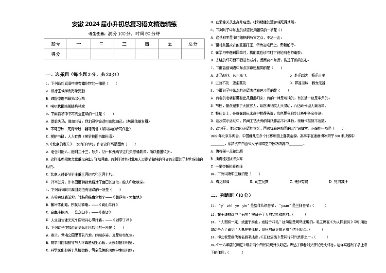 安徽2024届小升初总复习语文精选精练含答案01