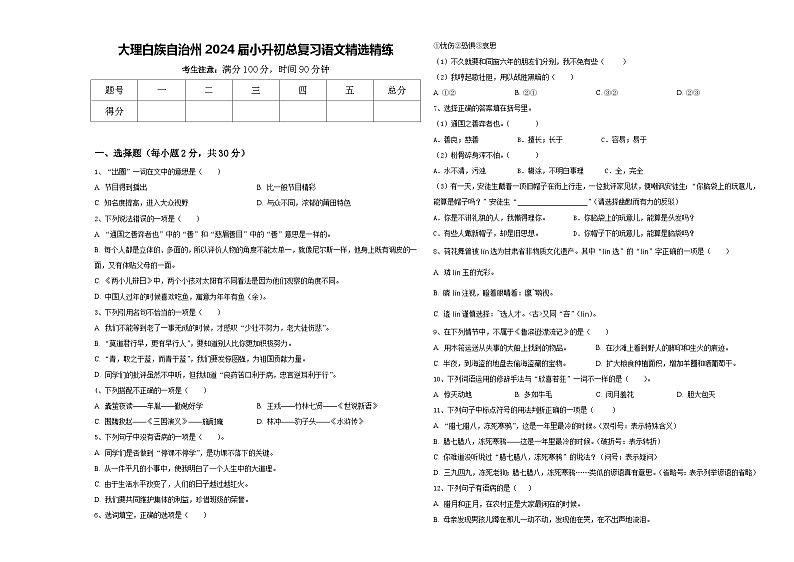 大理白族自治州2024届小升初总复习语文精选精练含答案第1页