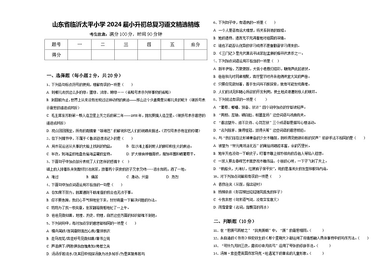 山东省临沂太平小学2024届小升初总复习语文精选精练含答案第1页