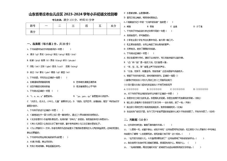 山东省枣庄市台儿庄区2023-2024学年小升初语文检测卷含答案01