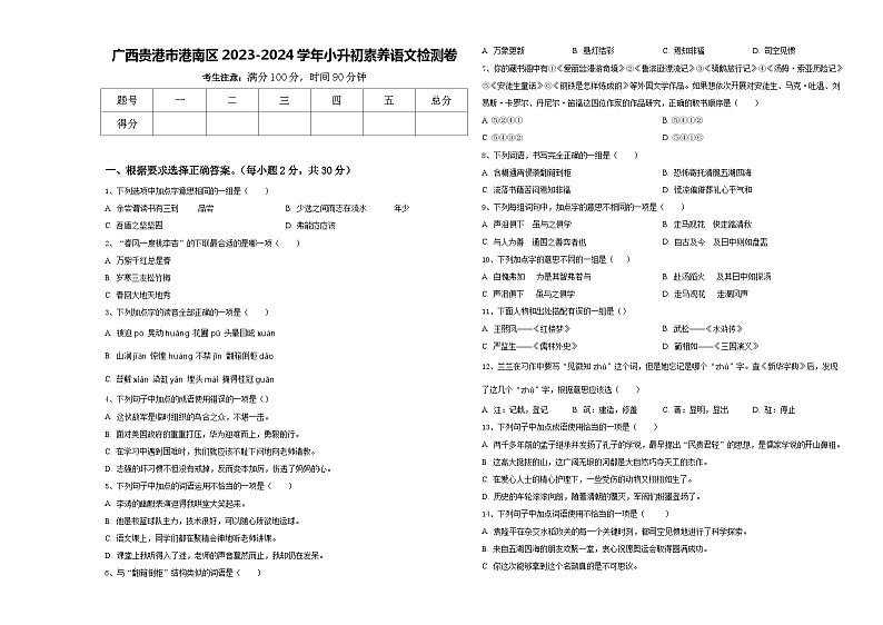 广西贵港市港南区2023-2024学年小升初素养语文检测卷含答案01