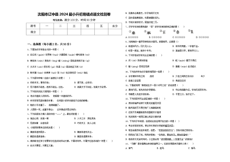 沈阳市辽中县2024届小升初易错点语文检测卷含答案第1页