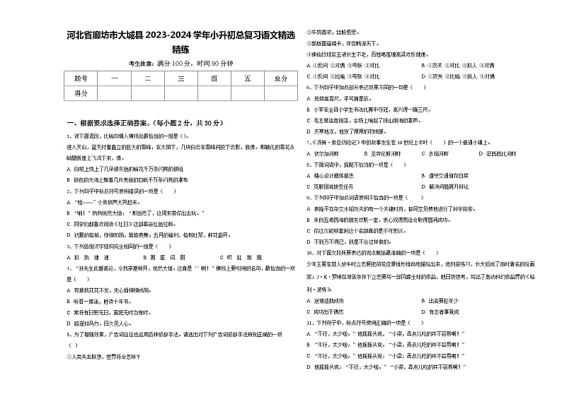 河北省廊坊市大城县2023-2024学年小升初总复习语文精选精练含答案01