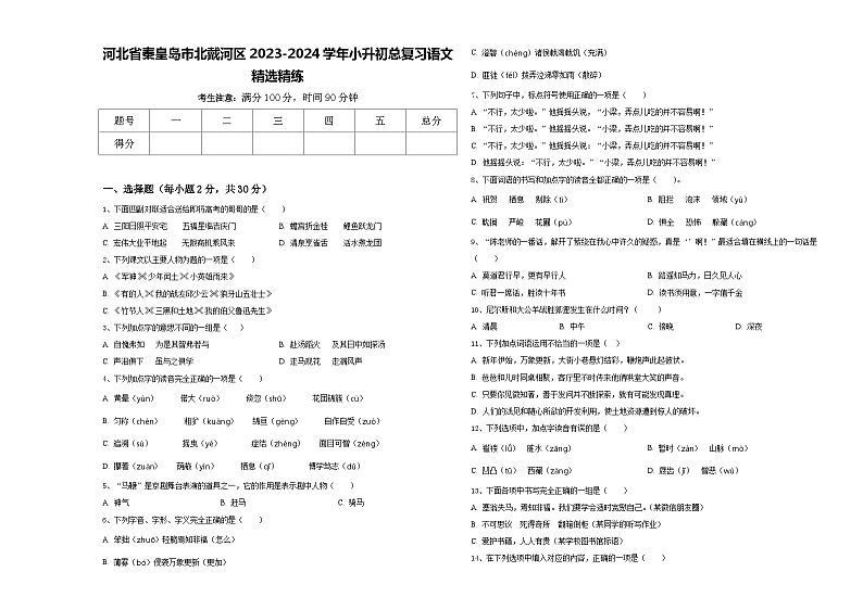 河北省秦皇岛市北戴河区2023-2024学年小升初总复习语文精选精练含答案01