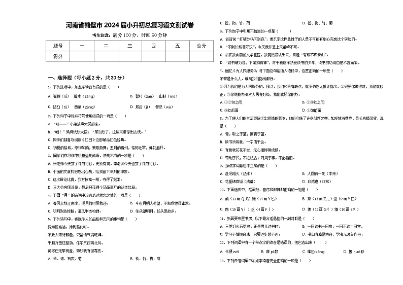 河南省鹤壁市2024届小升初总复习语文测试卷含答案第1页