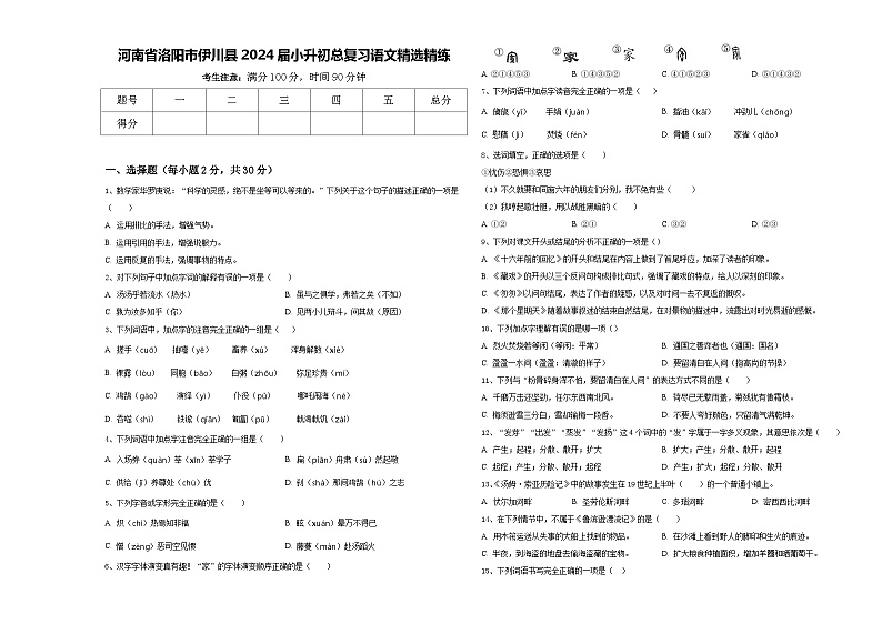 河南省洛阳市伊川县2024届小升初总复习语文精选精练含答案第1页