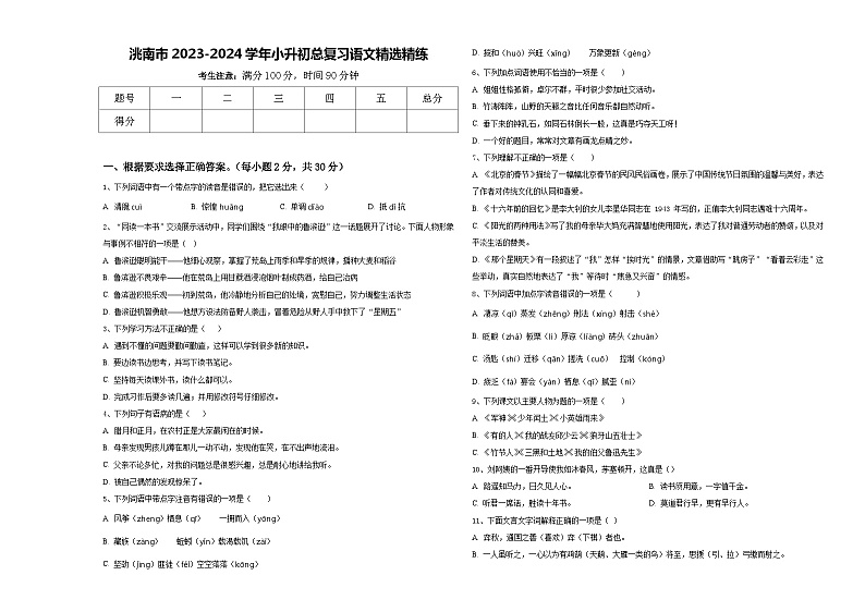 洮南市2023-2024学年小升初总复习语文精选精练含答案第1页