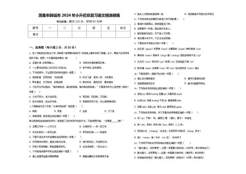 渭南市韩城市2024年小升初总复习语文精选精练含答案第1页