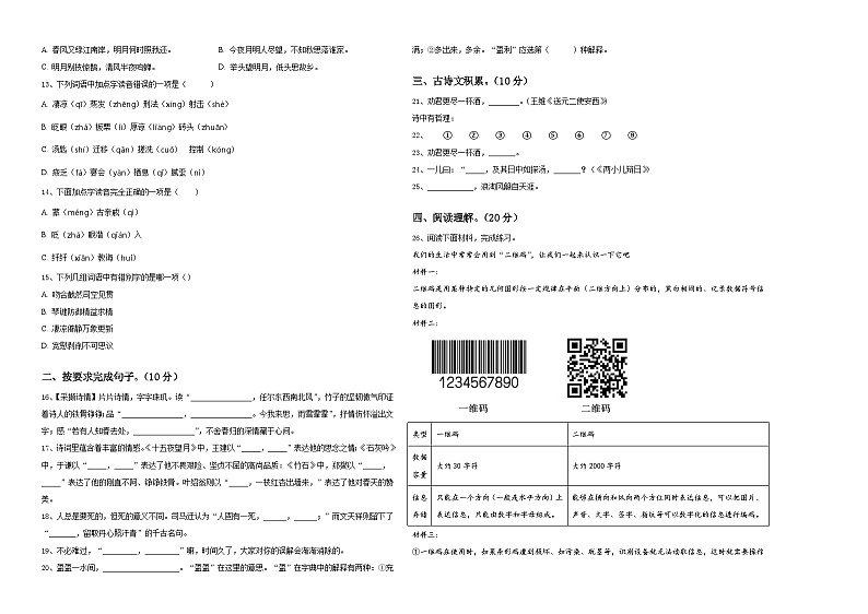 湖南省株洲市石峰区2023-2024学年小升初总复习语文测试题含答案02