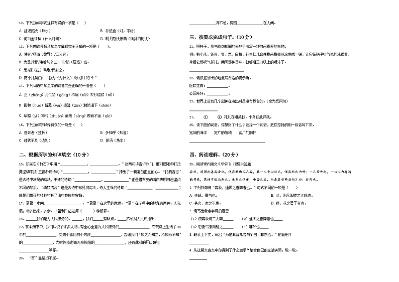 百色市靖西县2023-2024学年小升初总复习语文测试题含答案02