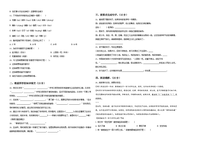 福建省龙岩市漳平市2023-2024学年小升初总复习语文精选精练含答案02