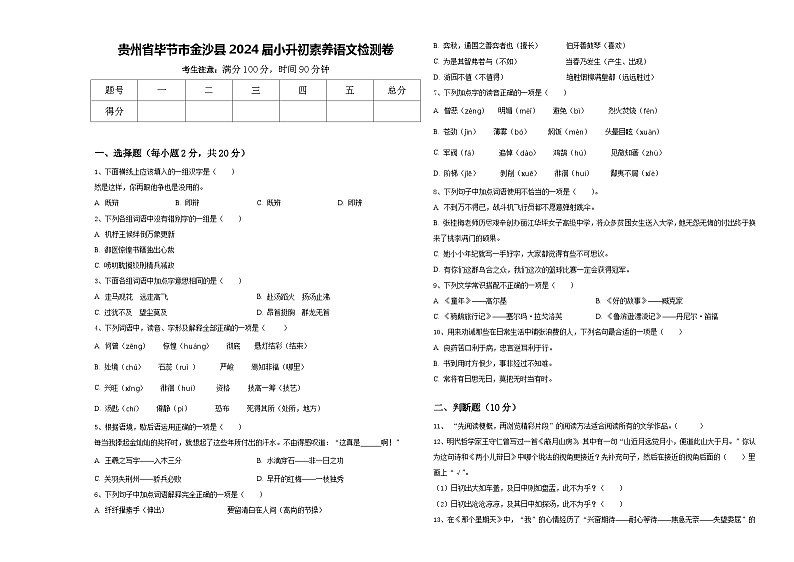 贵州省毕节市金沙县2024届小升初素养语文检测卷含答案01