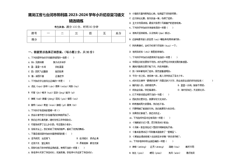黑龙江省七台河市勃利县2023-2024学年小升初总复习语文精选精练含答案01