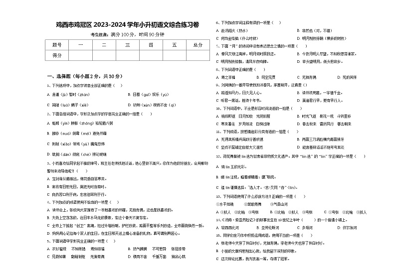 鸡西市鸡冠区2023-2024学年小升初语文综合练习卷含答案第1页
