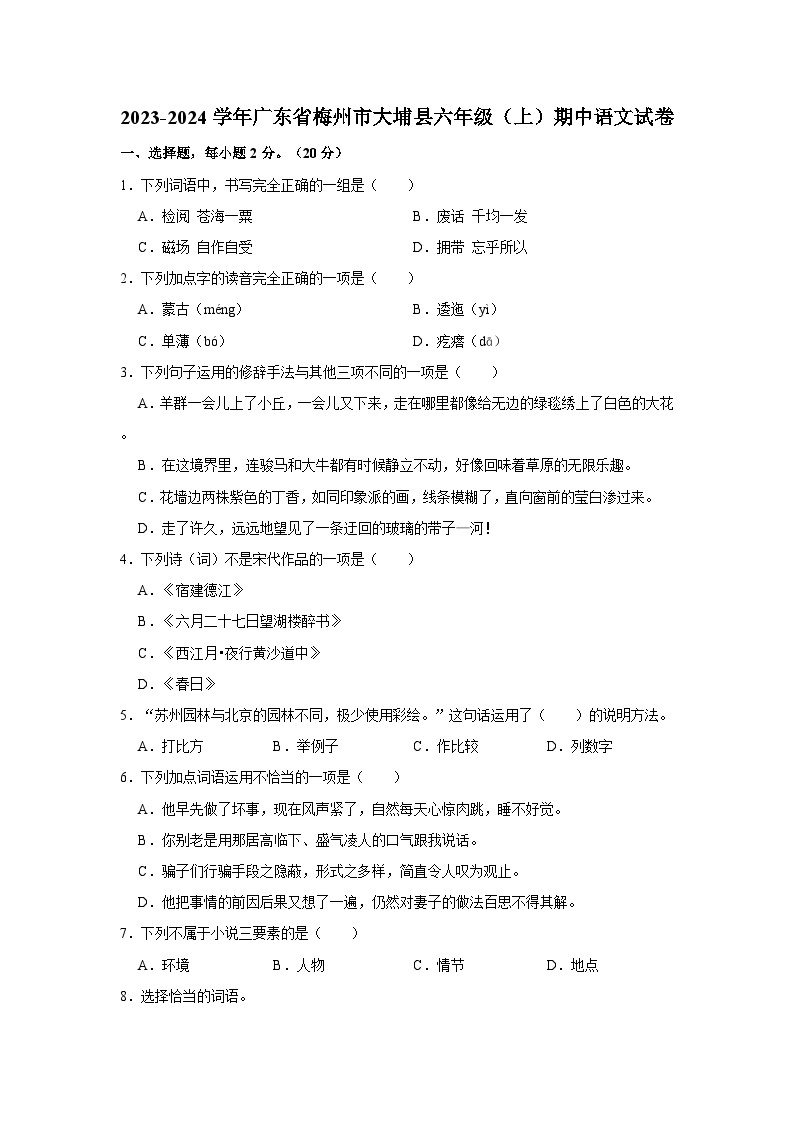 广东省梅州市大埔县2023-2024学年六年级上学期11月期中语文试题01