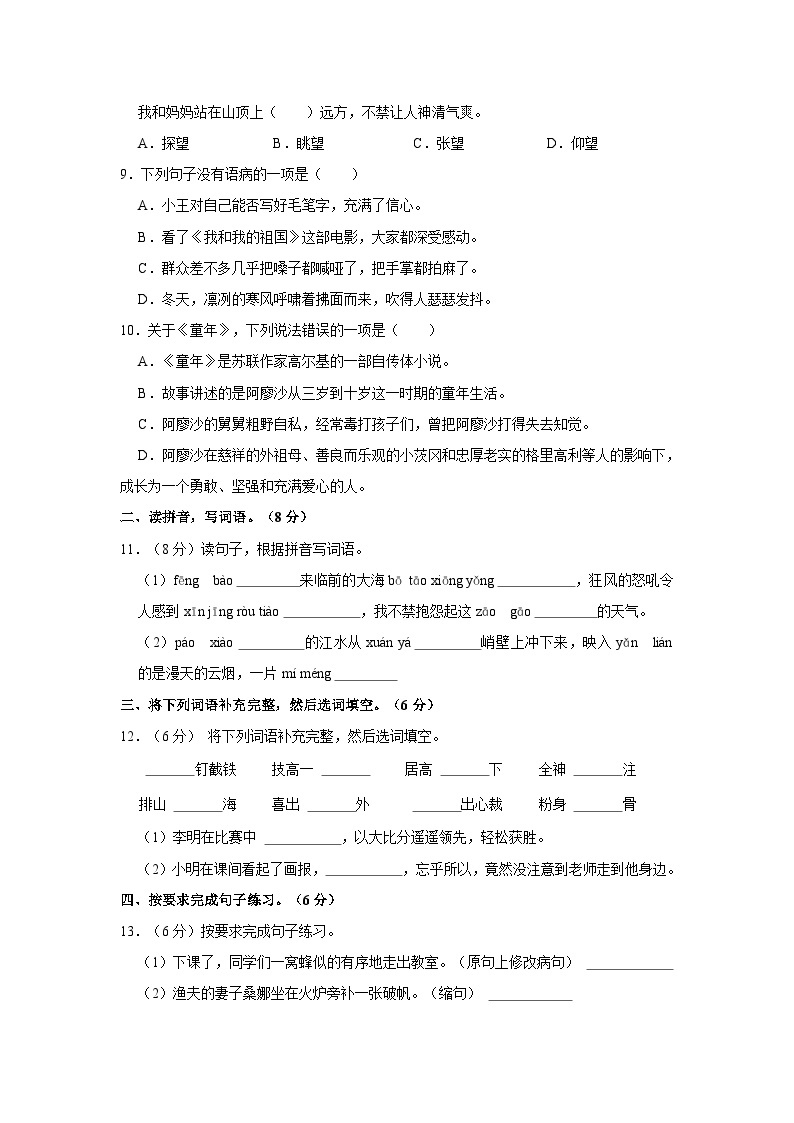 广东省梅州市大埔县2023-2024学年六年级上学期11月期中语文试题02