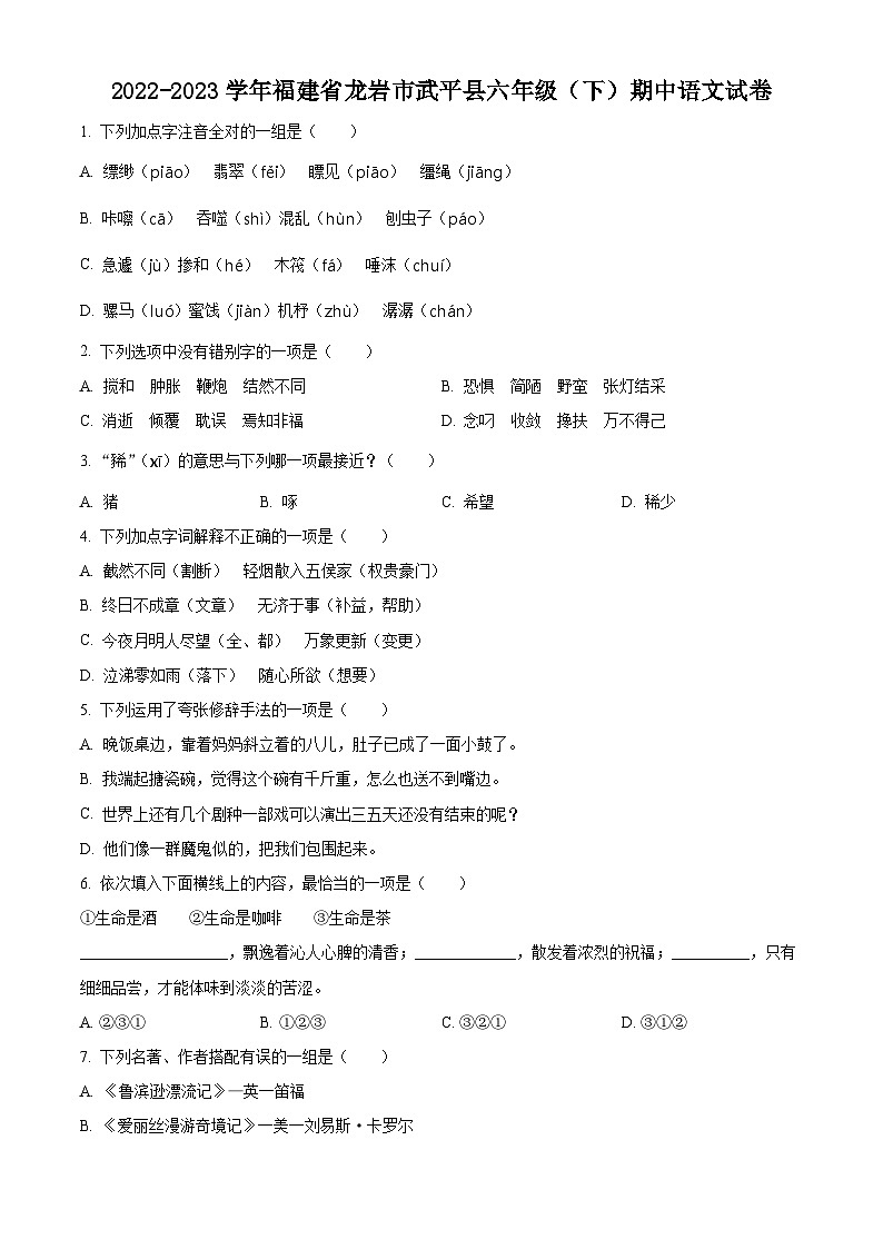 2022-2023学年福建省龙岩市武平县部编版六年级下册期中考试语文试卷（原卷版+解析版）01